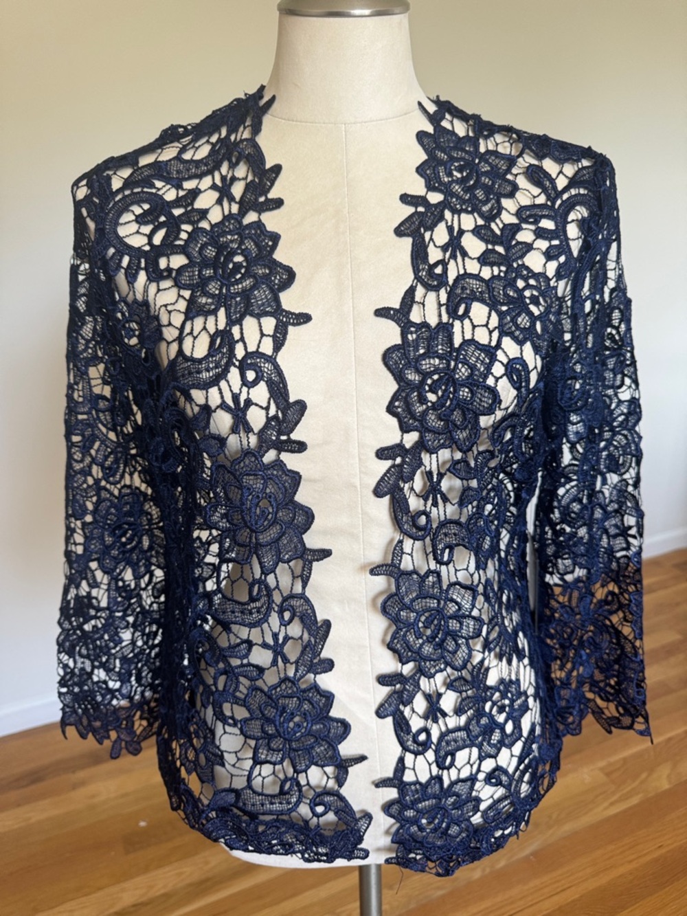 Marina Navy Floral crochet Open-Front cardigan bolero
